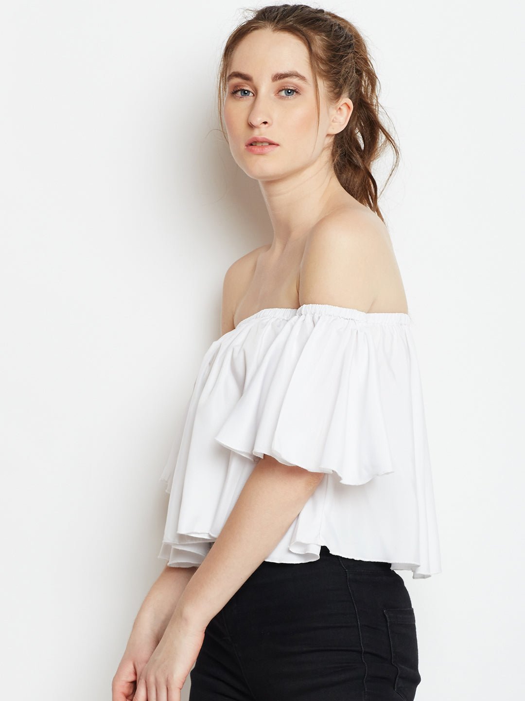 Folk Republic Women Solid White Off-Shoulder Neck Crepe Ruffled Bardot Crop Top - #folk republic#