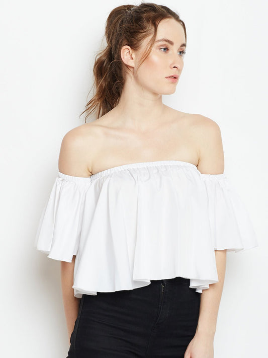 Folk Republic Women Solid White Off-Shoulder Neck Crepe Ruffled Bardot Crop Top - #folk republic#