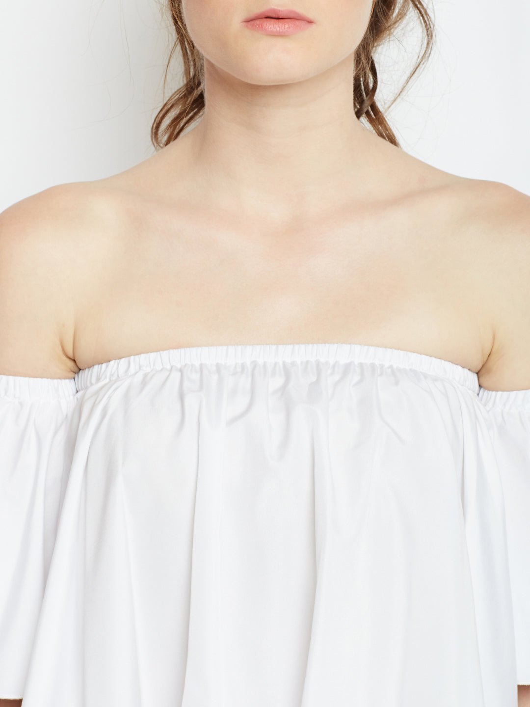 Folk Republic Women Solid White Off-Shoulder Neck Crepe Ruffled Bardot Crop Top - #folk republic#
