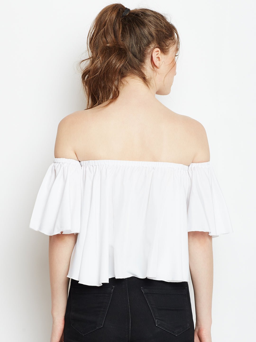 Folk Republic Women Solid White Off-Shoulder Neck Crepe Ruffled Bardot Crop Top - #folk republic#