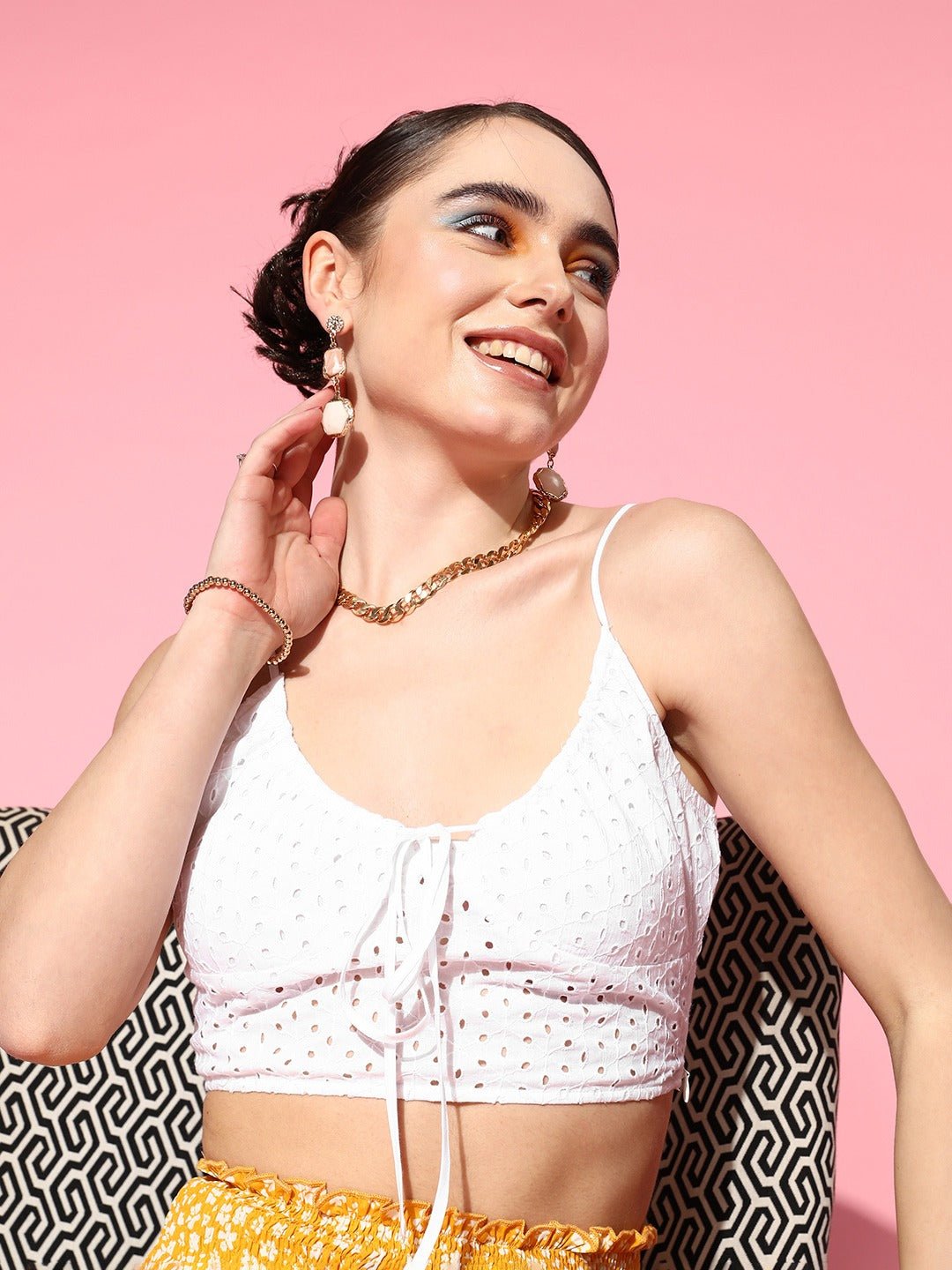 Folk Republic Women Solid White Round Neck Sleeveless Front Tie-Up Schiffli Cropped Top - #folk republic#