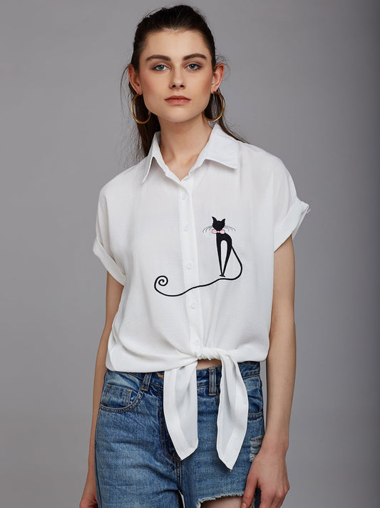 Folk Republic Women Solid White Spread Collar Neck Cat Embroidered Waist Tie-Up Regular Shirt - #folk republic#