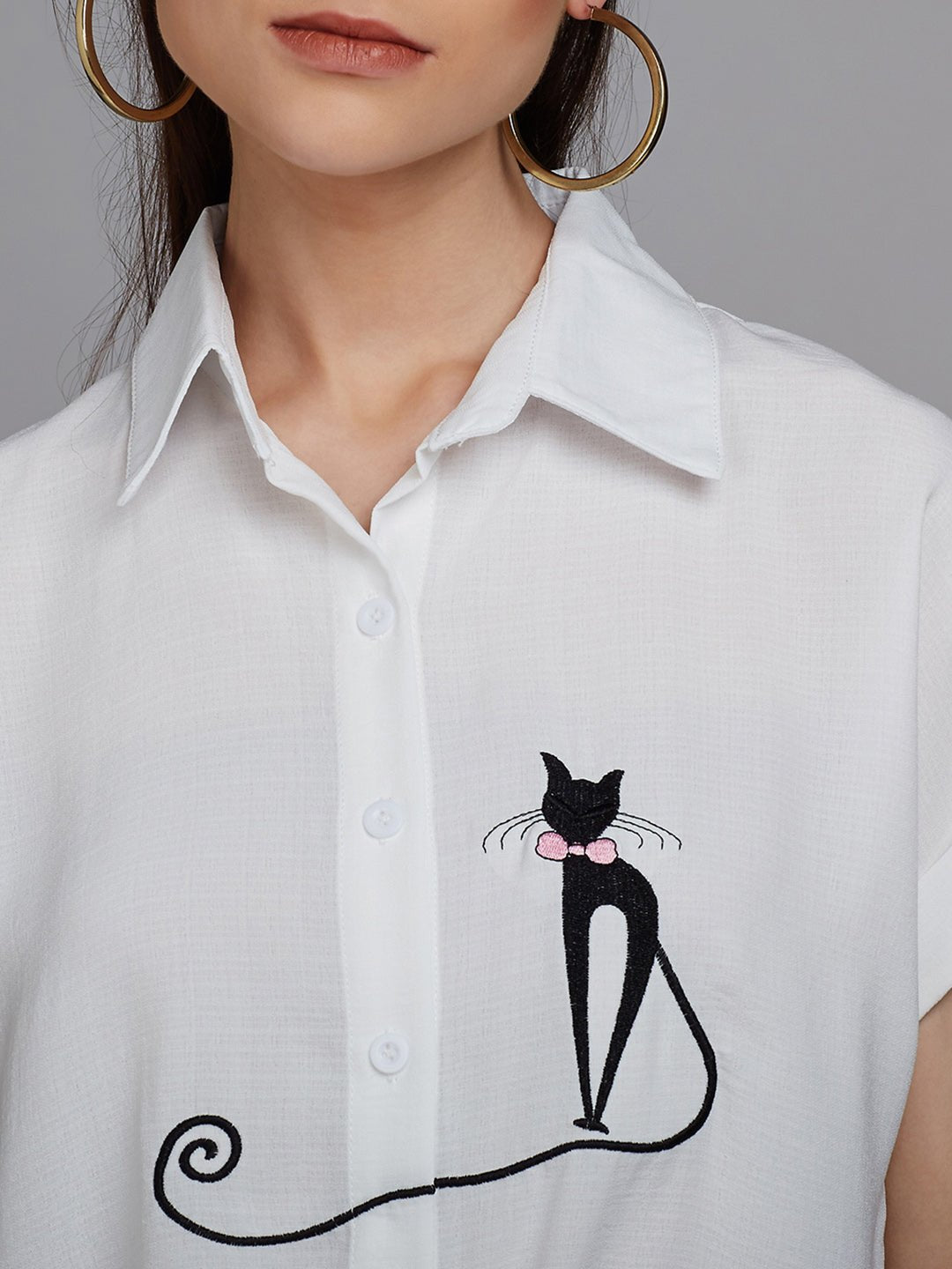 Folk Republic Women Solid White Spread Collar Neck Cat Embroidered Waist Tie-Up Regular Shirt - #folk republic#