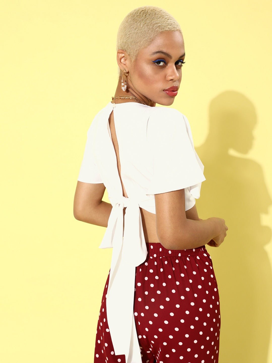 Folk Republic Women Solid White V-Neck Flutter Sleeves Pleated Crop Top - #folk republic#