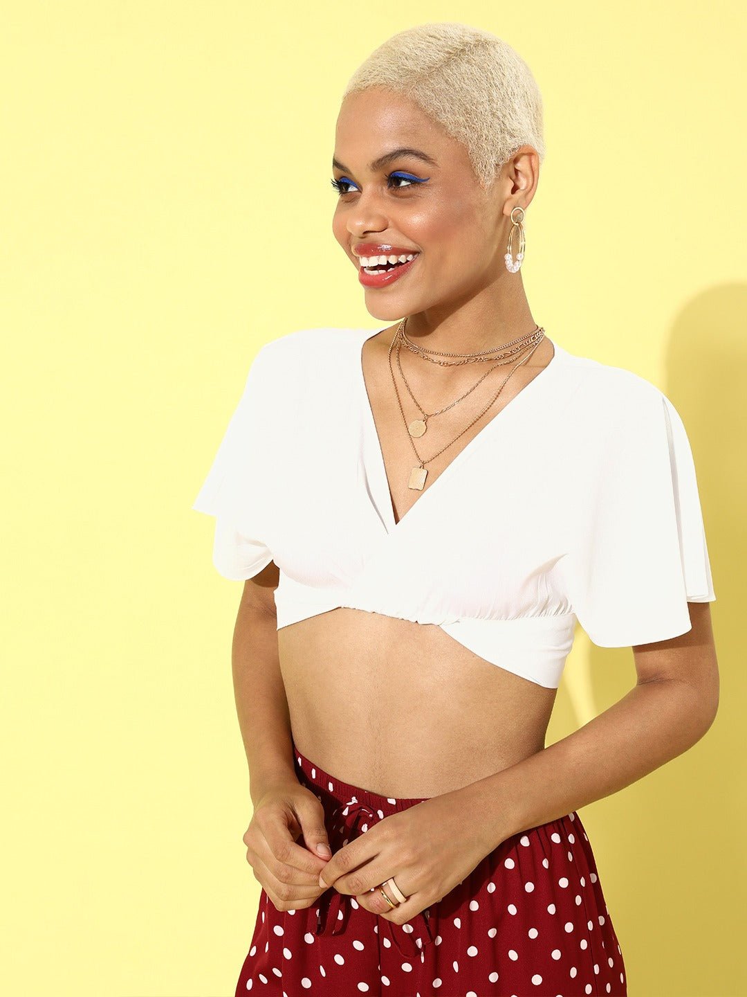 Folk Republic Women Solid White V-Neck Flutter Sleeves Pleated Crop Top - #folk republic#