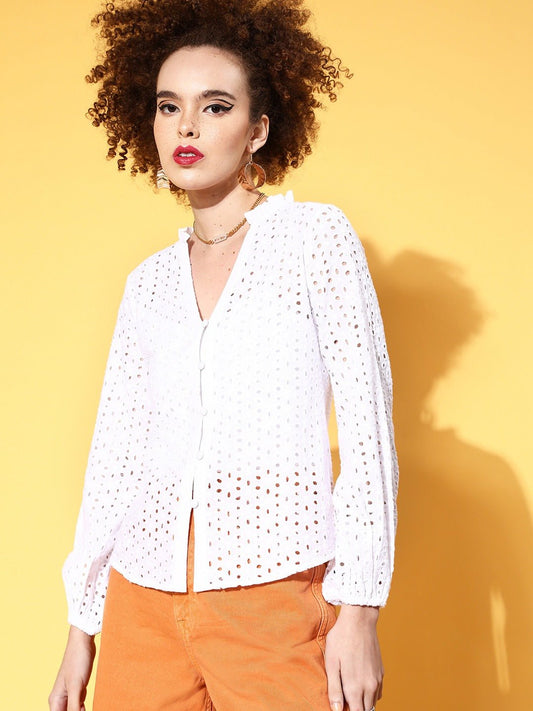 Folk Republic Women Solid White V-Neck Front Button Puffed Sleeves Schiffli Shirt Top - #folk republic#