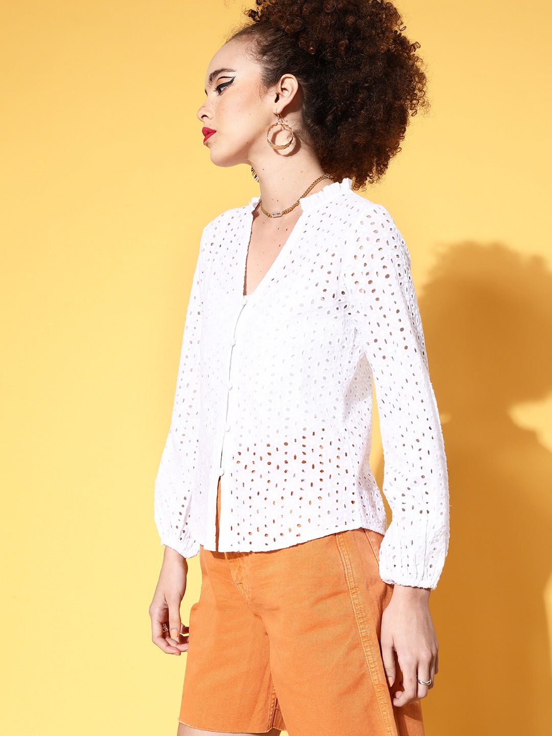 Folk Republic Women Solid White V-Neck Front Button Puffed Sleeves Schiffli Shirt Top - #folk republic#