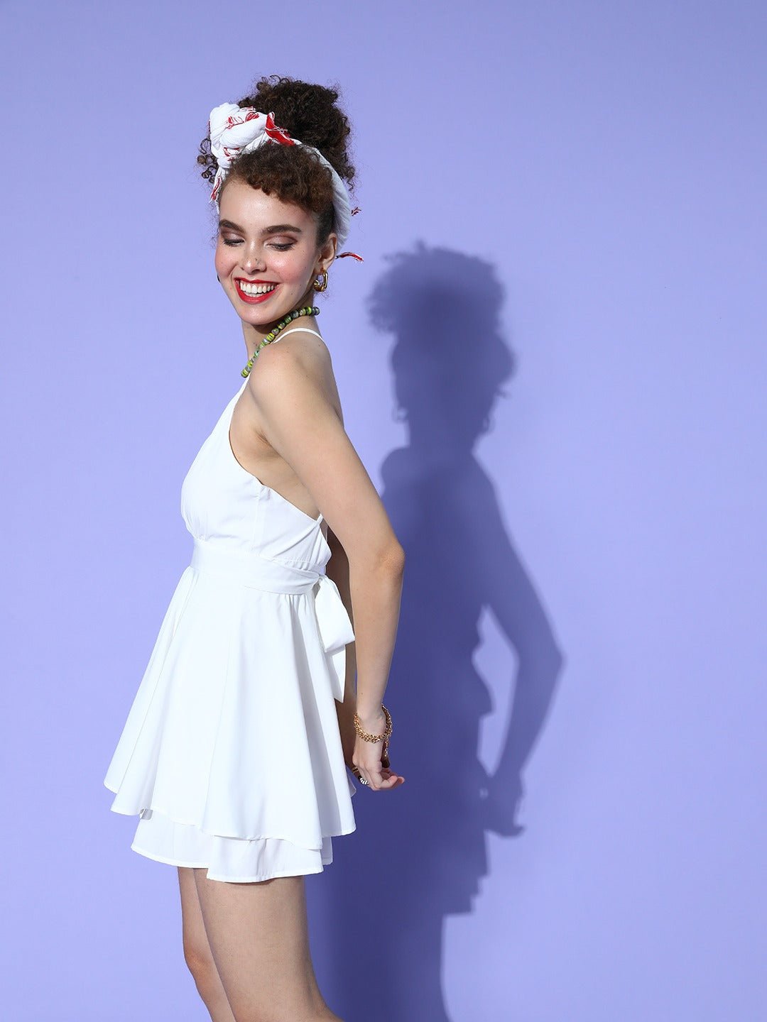 Folk Republic Women Solid White V-Neck Waist Tie-Up Backless Smocked Layered Mini Playsuit - #folk republic#