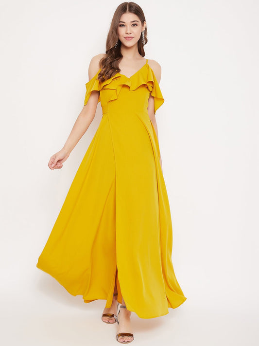Folk Republic Women Solid Yellow Cold Shoulder Ruffled Maxi Dress - #folk republic#