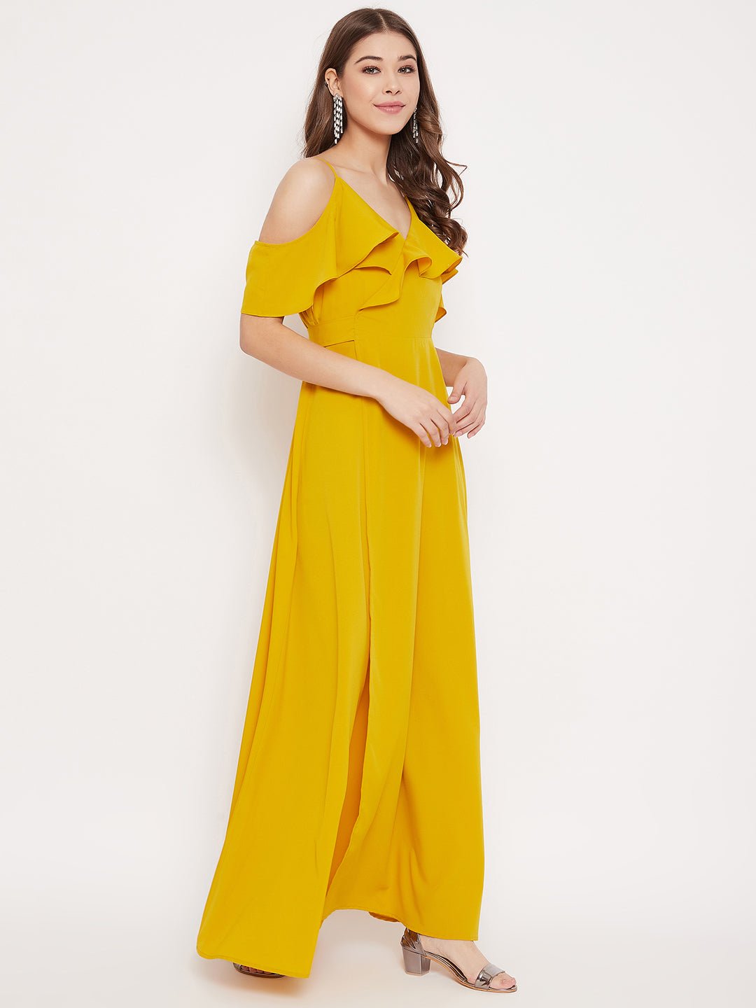 Folk Republic Women Solid Yellow Cold Shoulder Ruffled Maxi Dress - #folk republic#