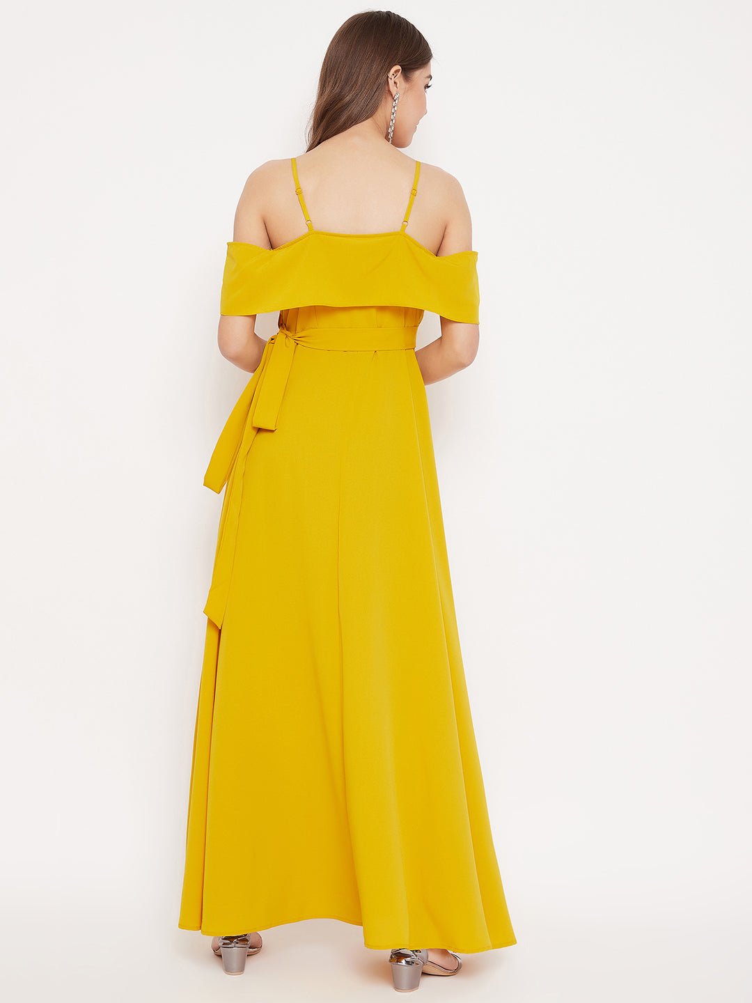 Folk Republic Women Solid Yellow Cold Shoulder Ruffled Maxi Dress - #folk republic#