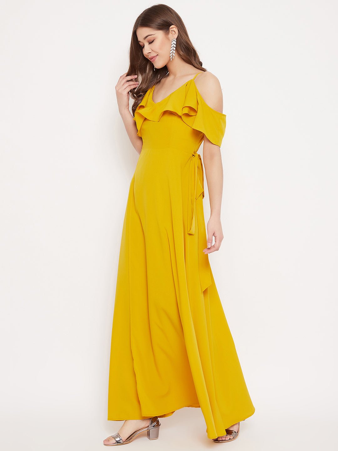 Folk Republic Women Solid Yellow Cold Shoulder Ruffled Maxi Dress - #folk republic#