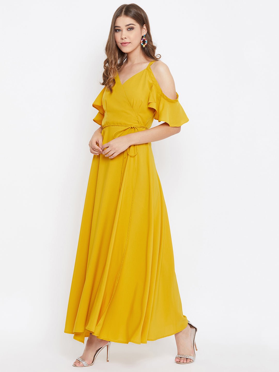 Folk Republic Women Solid Yellow Cold Shoulder Wrap Maxi Dress - #folk republic#