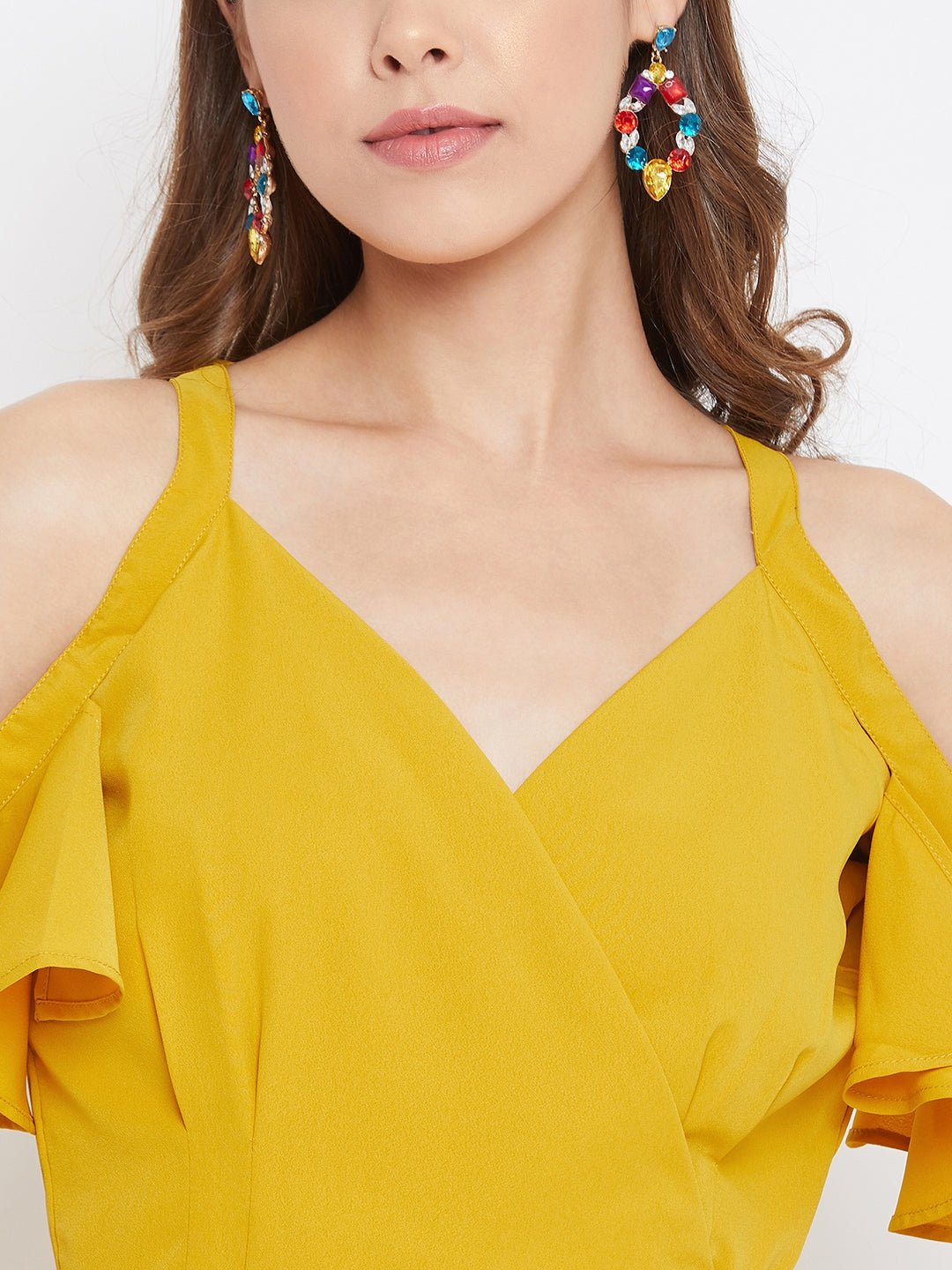 Folk Republic Women Solid Yellow Cold Shoulder Wrap Maxi Dress - #folk republic#