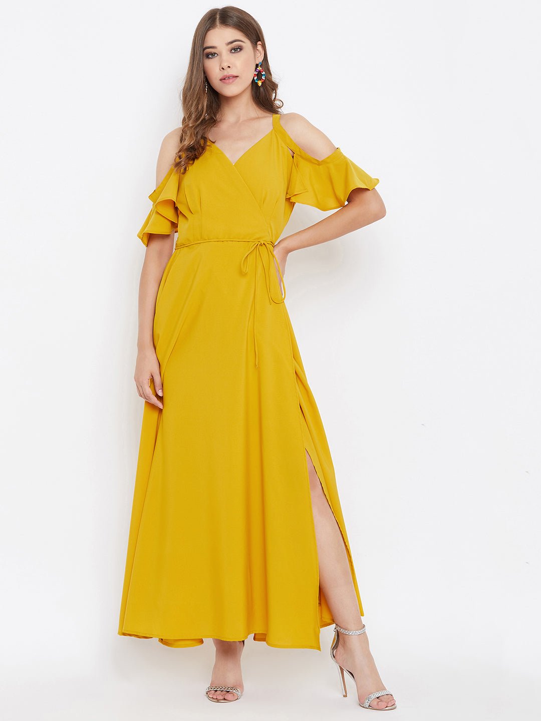 Folk Republic Women Solid Yellow Cold Shoulder Wrap Maxi Dress - #folk republic#