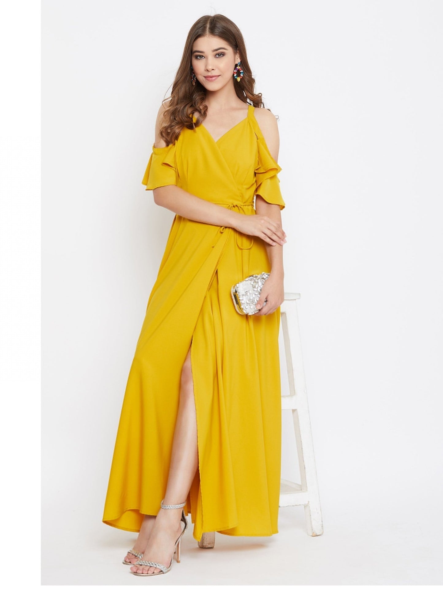 Folk Republic Women Solid Yellow Cold Shoulder Wrap Maxi Dress - #folk republic#