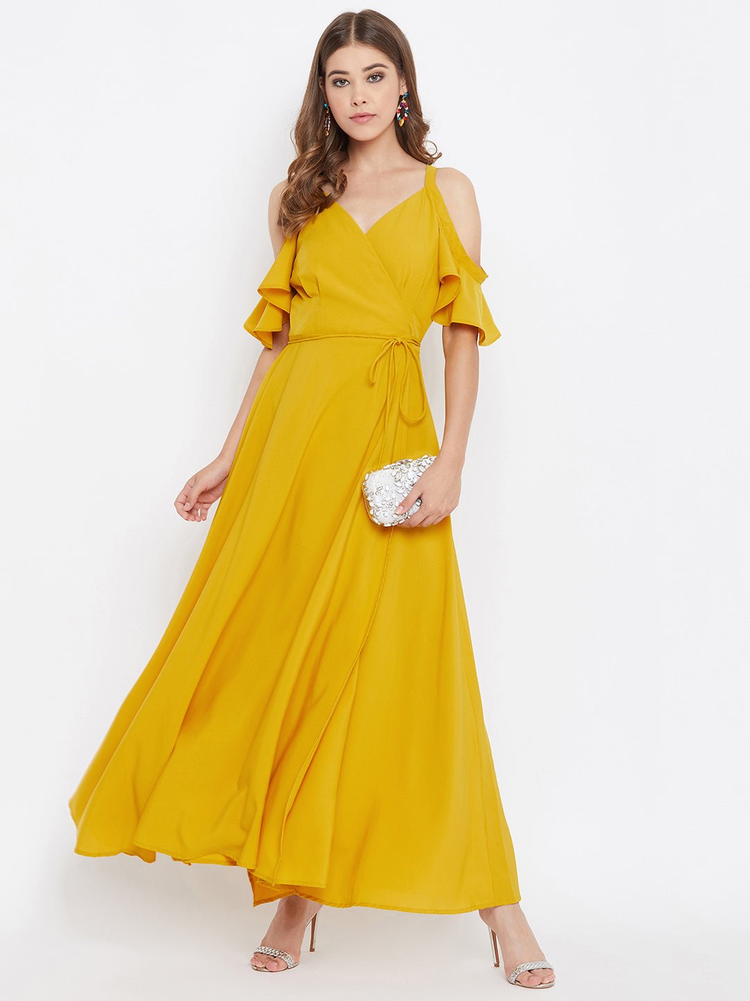 Folk Republic Women Solid Yellow Cold Shoulder Wrap Maxi Dress - #folk republic#