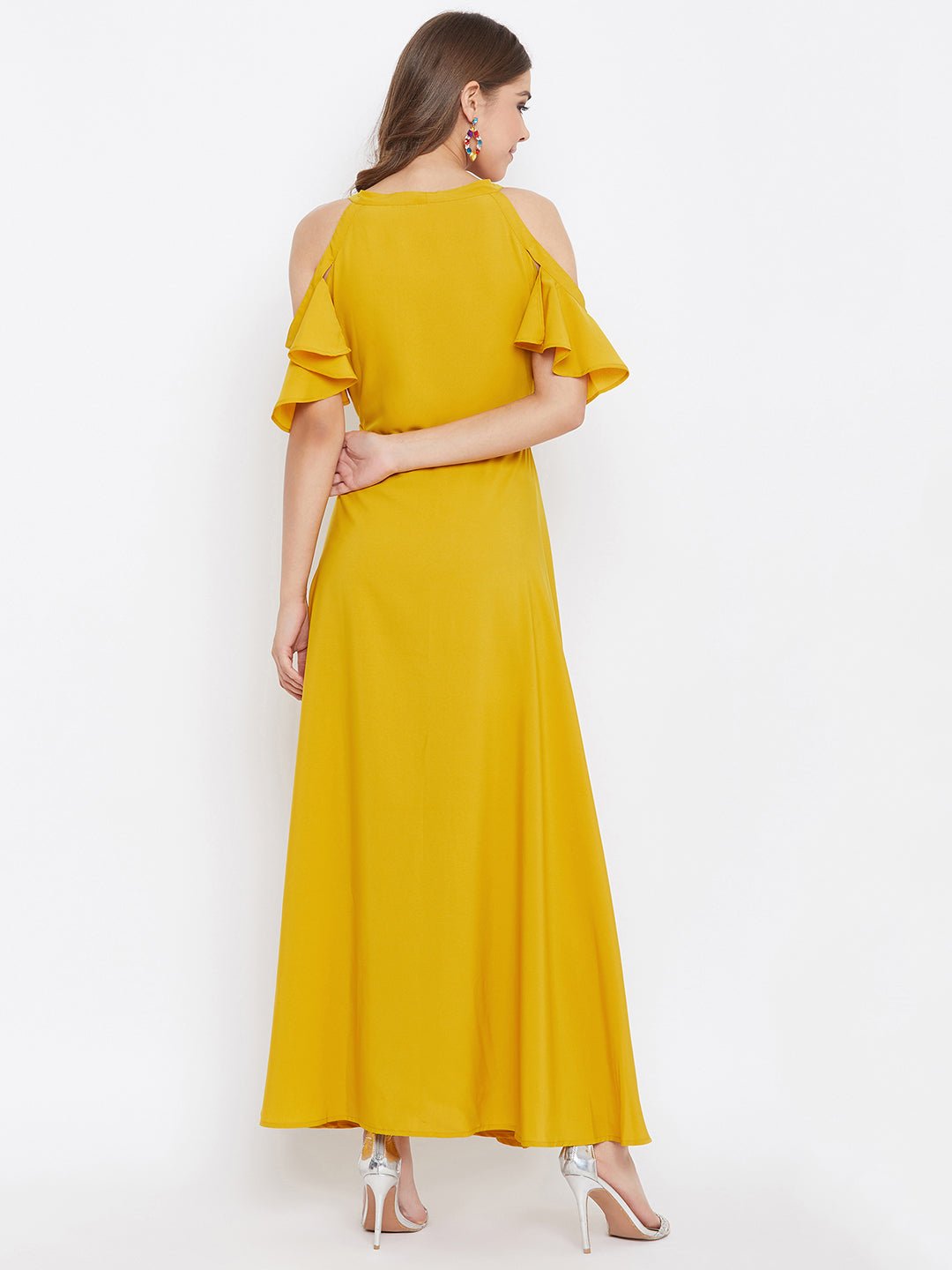 Folk Republic Women Solid Yellow Cold Shoulder Wrap Maxi Dress - #folk republic#