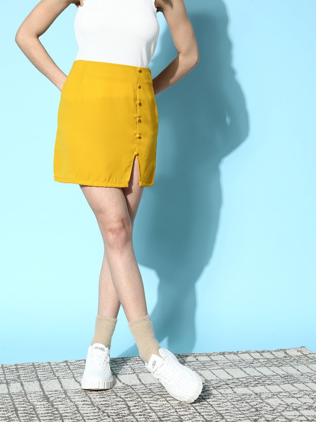 Folk Republic Women Solid Yellow Crepe Straight Hem Front-Slitted Pencil Mini Skirt - #folk republic#