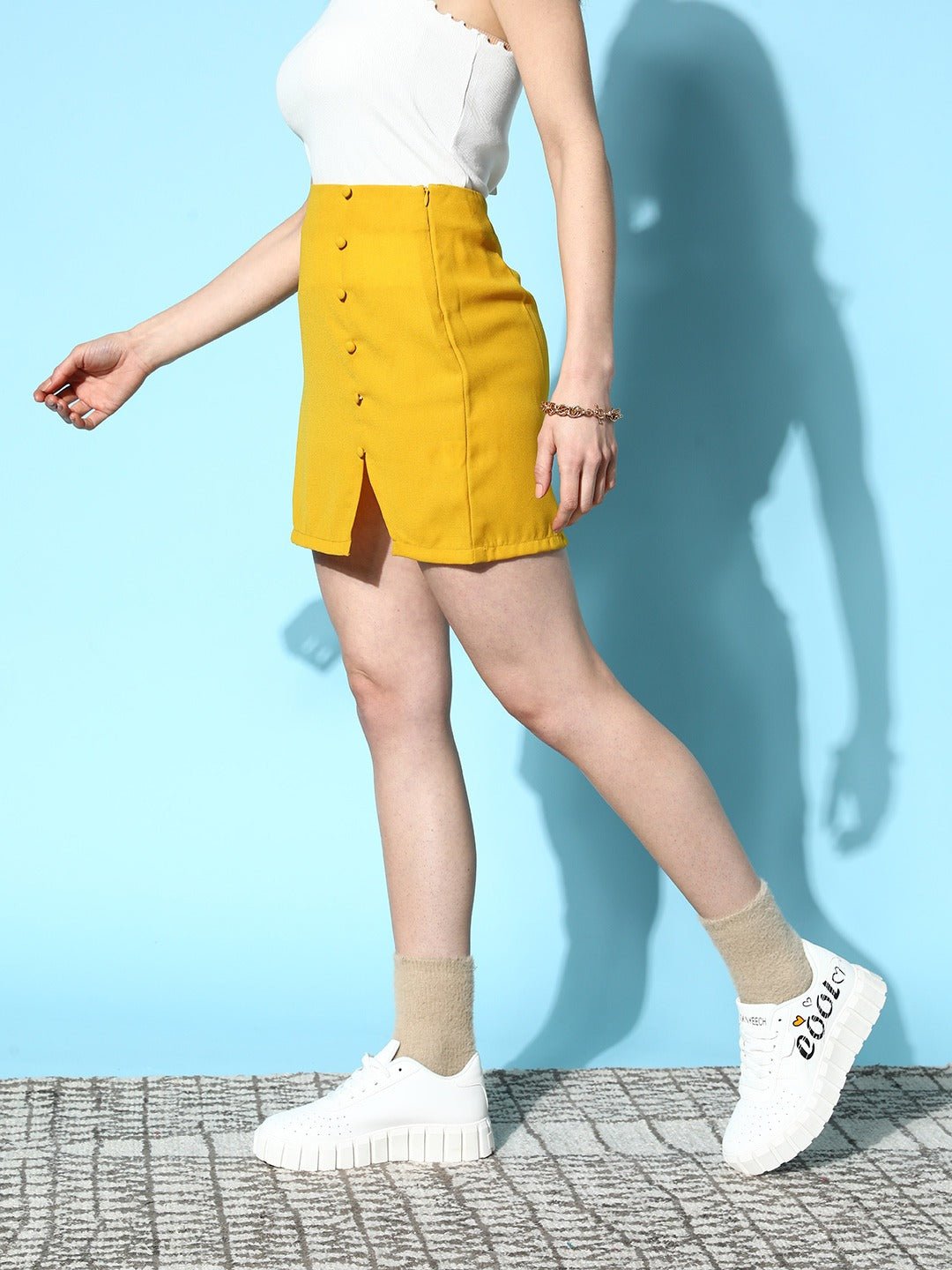 Folk Republic Women Solid Yellow Crepe Straight Hem Front-Slitted Pencil Mini Skirt - #folk republic#