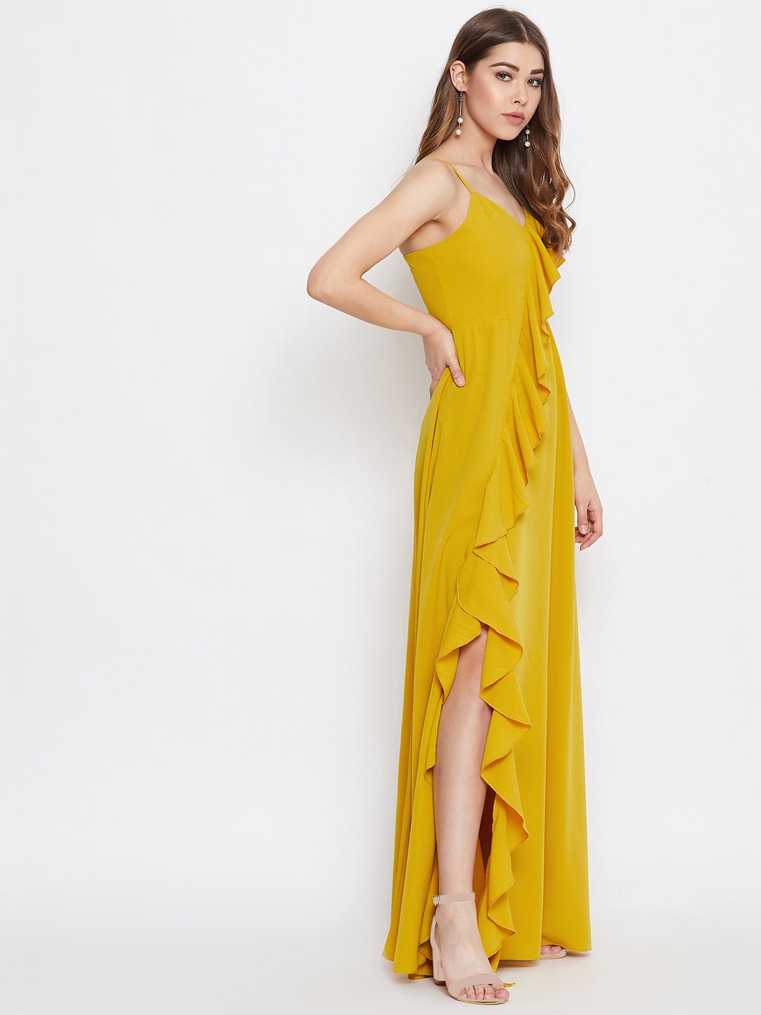 Folk Republic Women Solid Yellow Front Frill V-Neck Thigh-High Slit Maxi Dress - #folk republic#