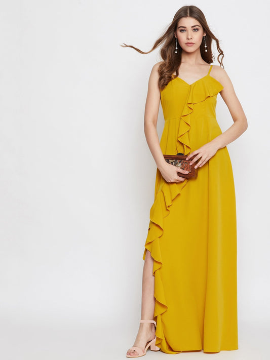 Folk Republic Women Solid Yellow Front Frill V-Neck Thigh-High Slit Maxi Dress - #folk republic#