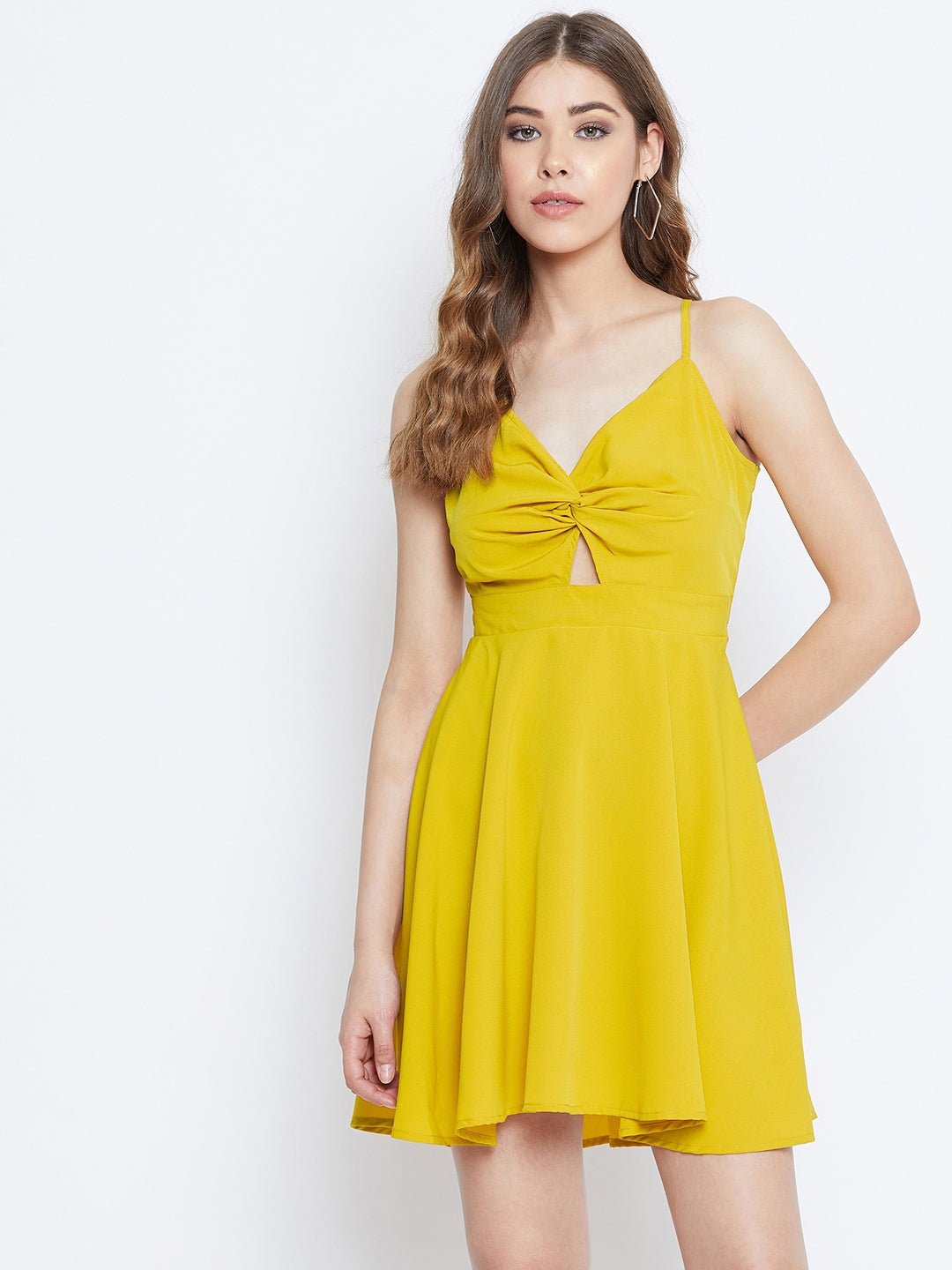 Folk Republic Women Solid Yellow Front Twist Knot Fit & Flare Mini Dress - #folk republic#