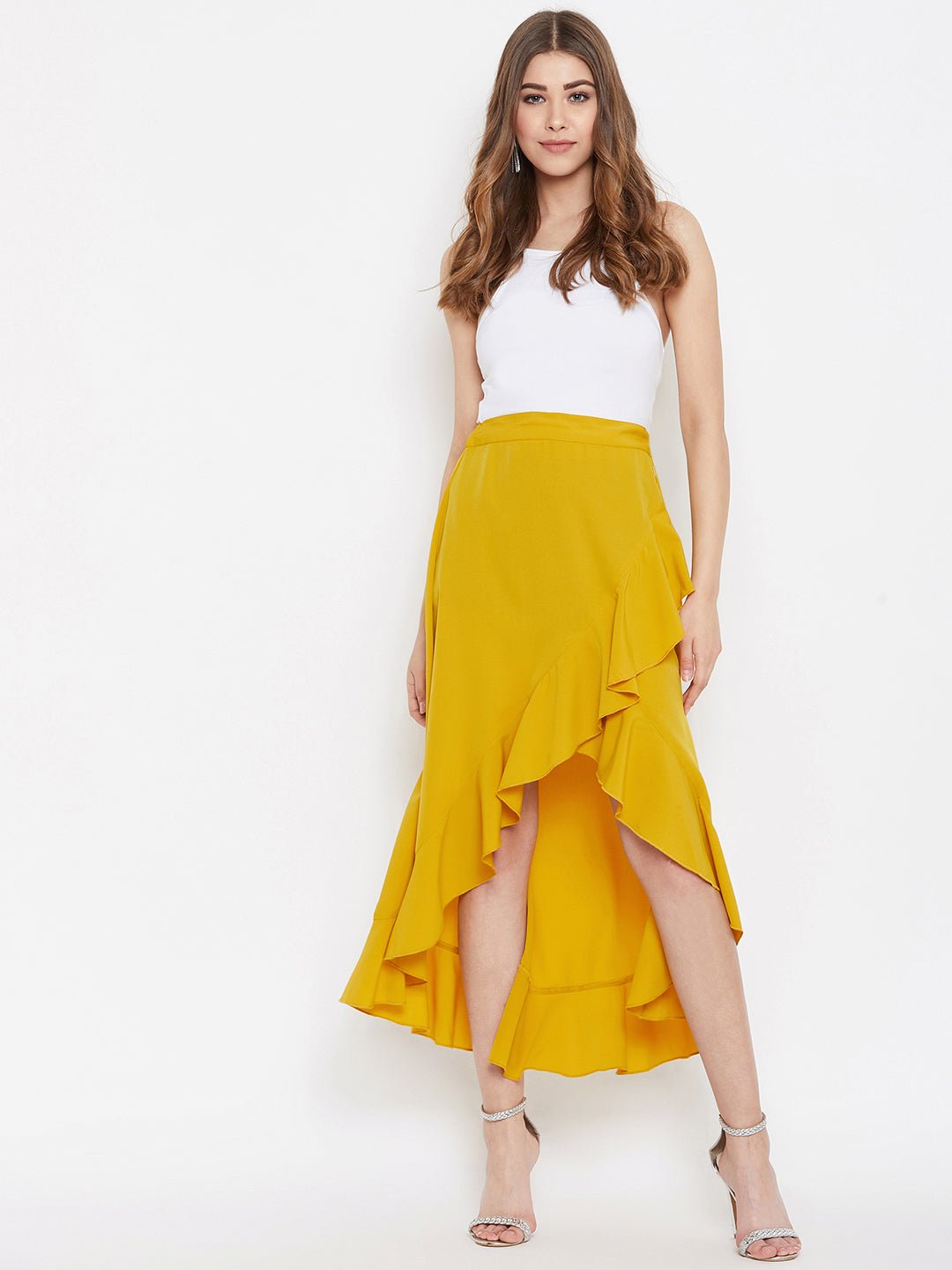 Folk Republic Women Solid Yellow High-Low Ruffled Wrap Midi Skirt - #folk republic#