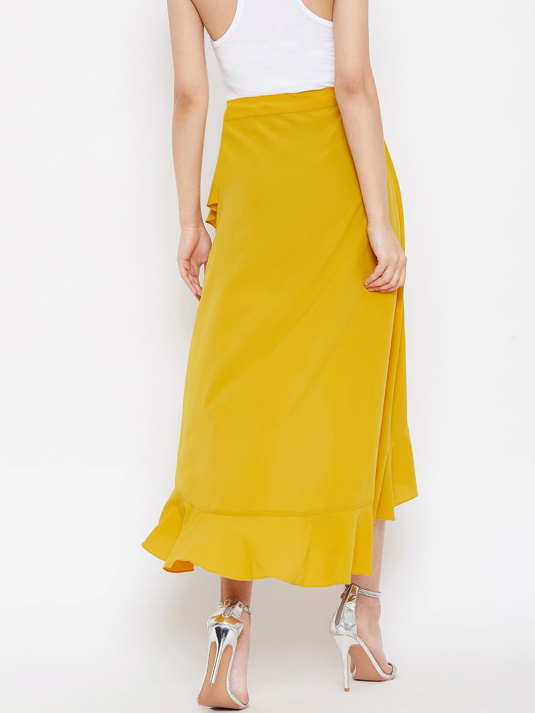 Folk Republic Women Solid Yellow High-Low Ruffled Wrap Midi Skirt - #folk republic#