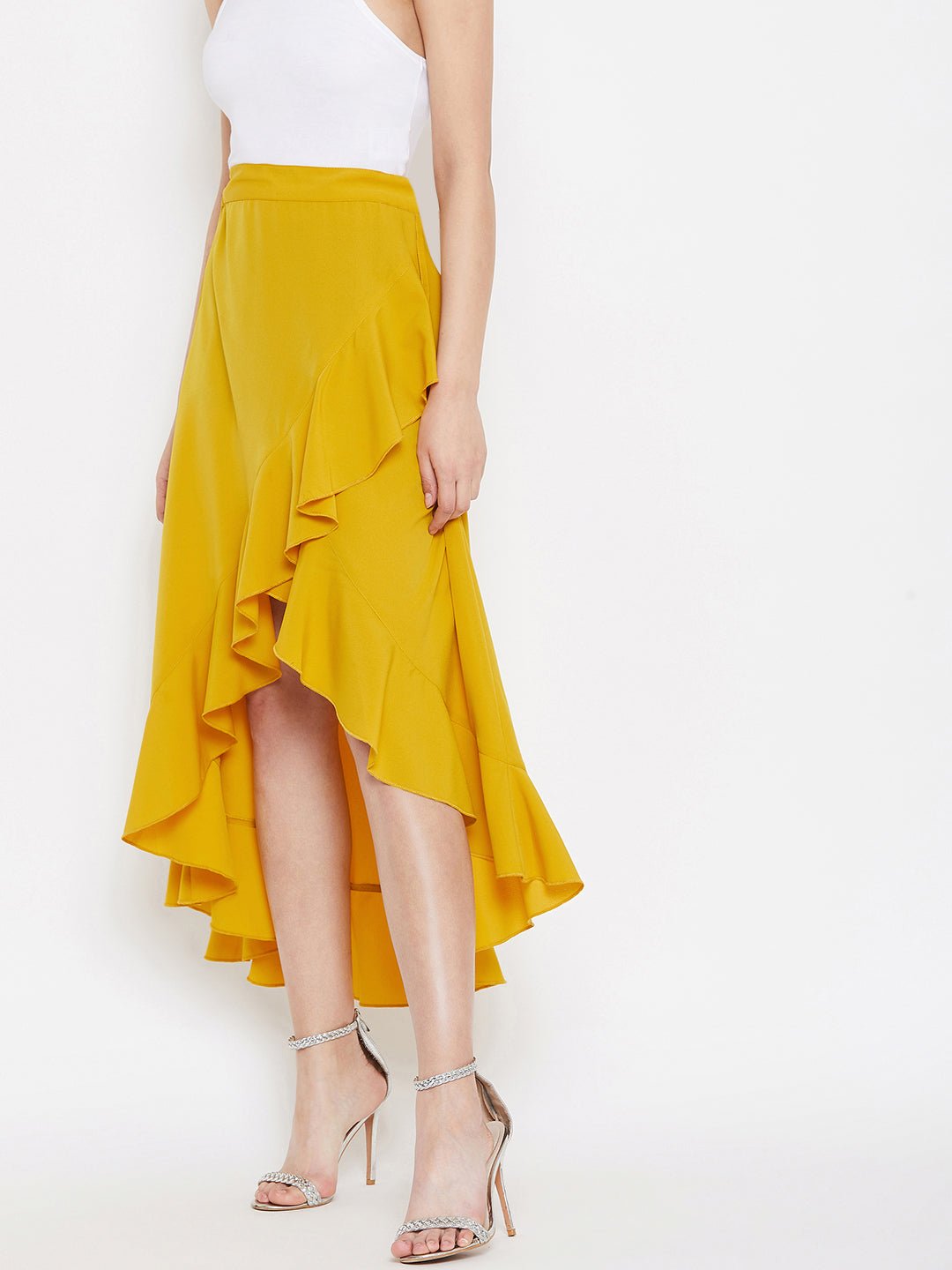 Folk Republic Women Solid Yellow High-Low Ruffled Wrap Midi Skirt - #folk republic#