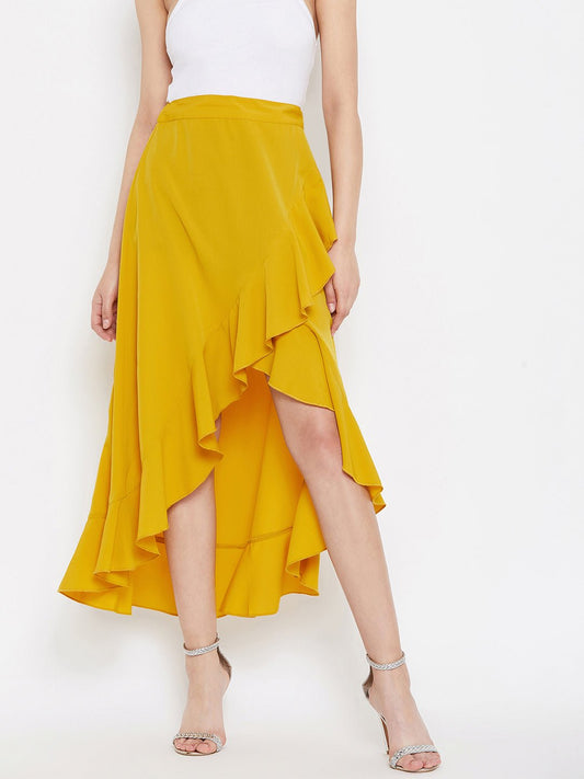 Folk Republic Women Solid Yellow High-Low Ruffled Wrap Midi Skirt - #folk republic#