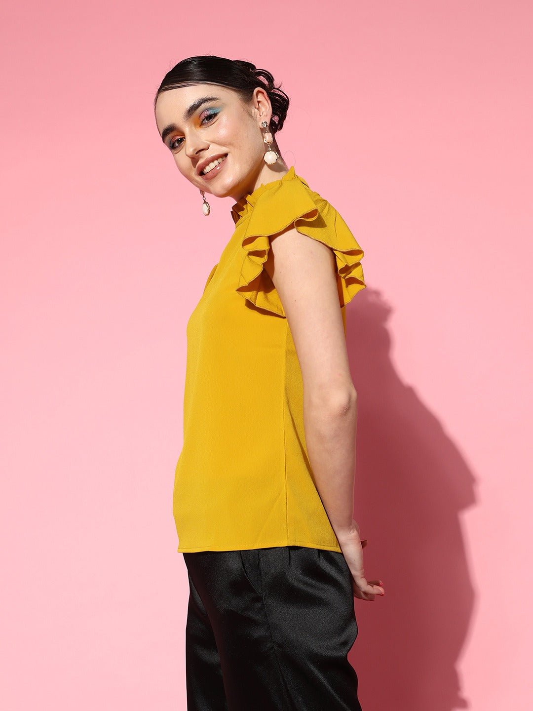 Folk Republic Women Solid Yellow High Neck Flutter Sleeves Button-Up Crepe Regular Top - #folk republic#