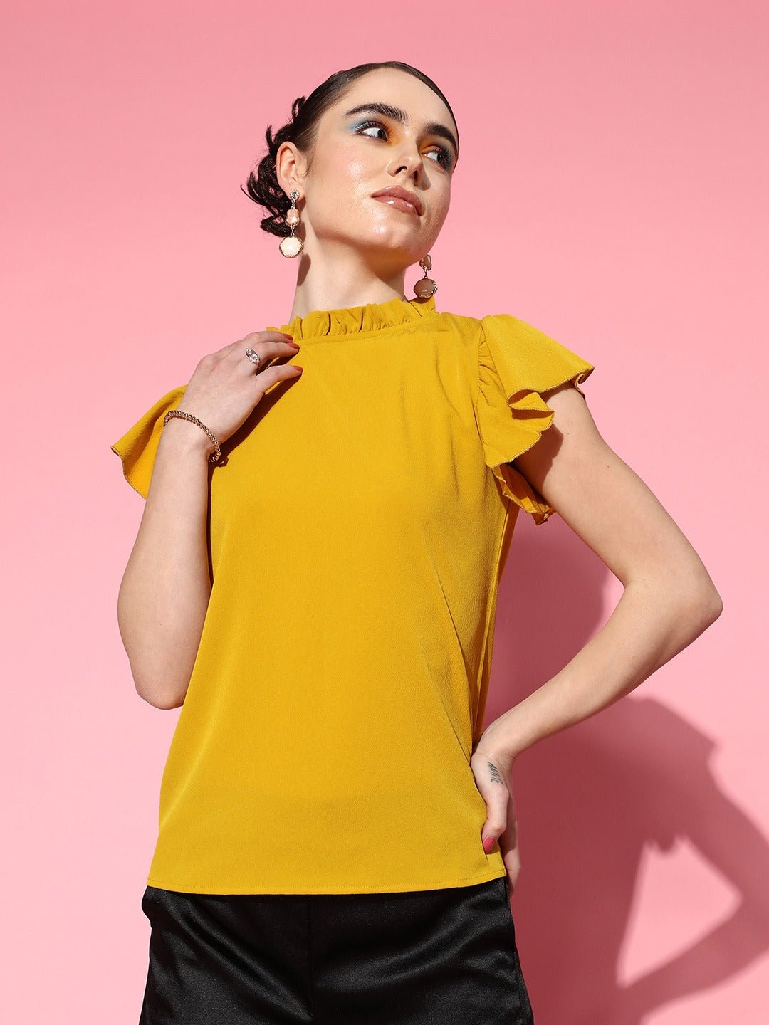 Folk Republic Women Solid Yellow High Neck Flutter Sleeves Button-Up Crepe Regular Top - #folk republic#