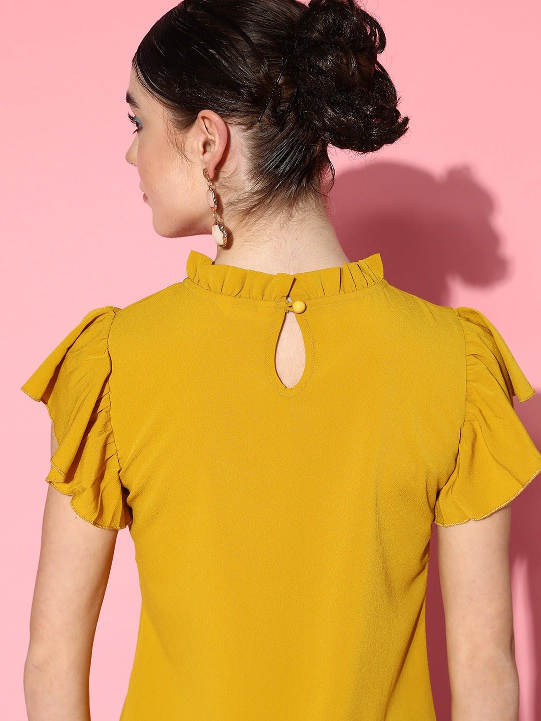 Folk Republic Women Solid Yellow High Neck Flutter Sleeves Button-Up Crepe Regular Top - #folk republic#