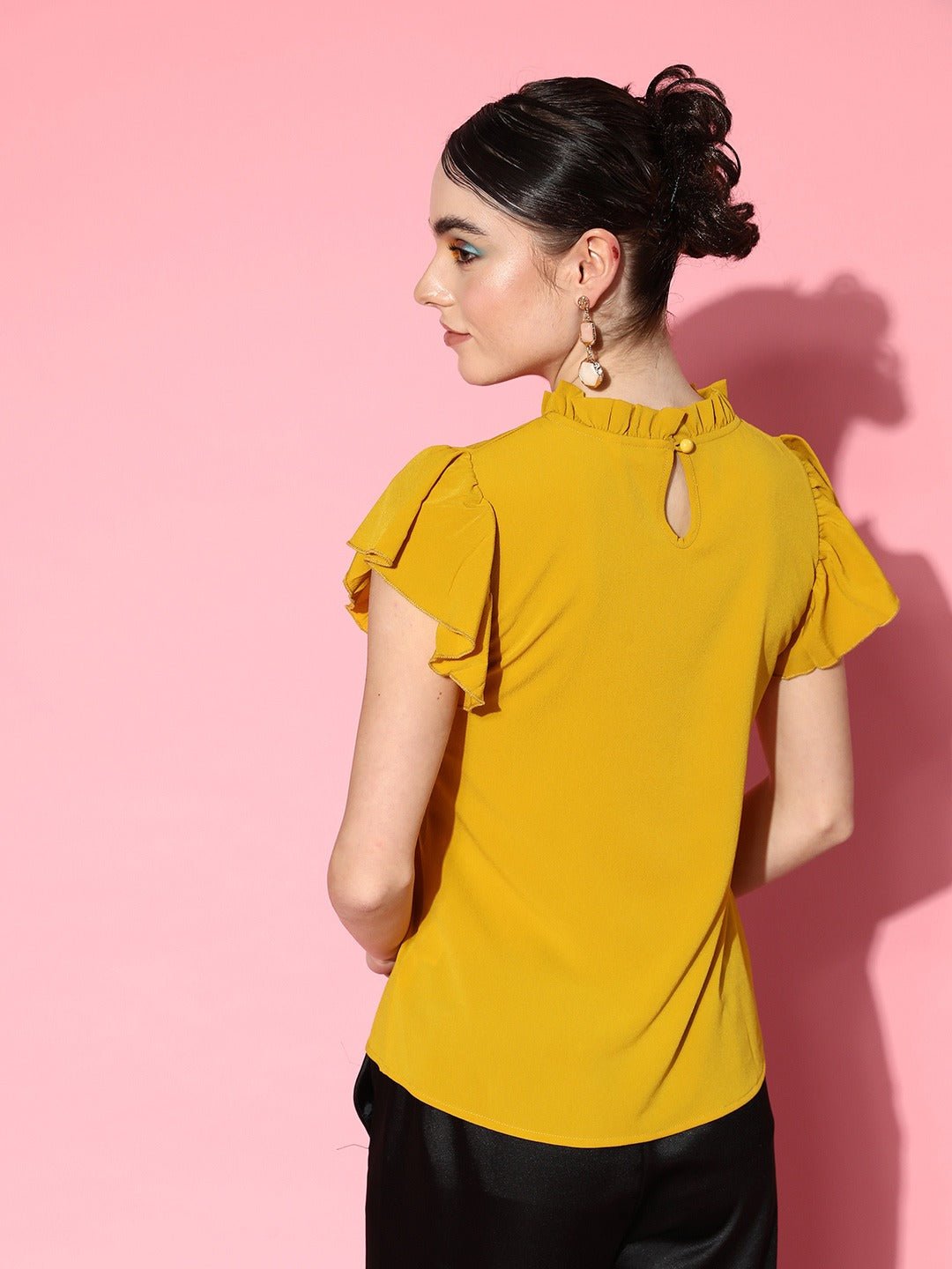 Folk Republic Women Solid Yellow High Neck Flutter Sleeves Button-Up Crepe Regular Top - #folk republic#