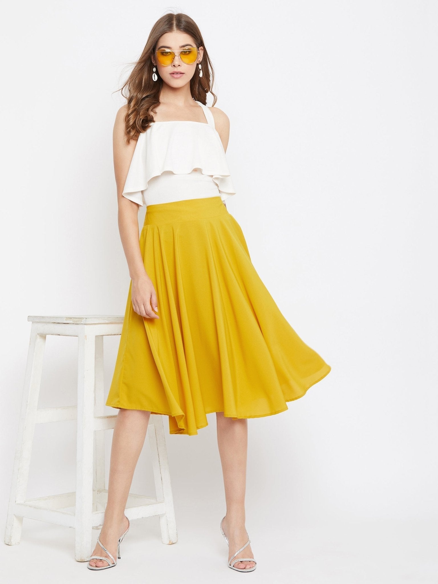 Folk Republic Women Solid Yellow High-Rise Flared Midi Skirt - #folk republic#