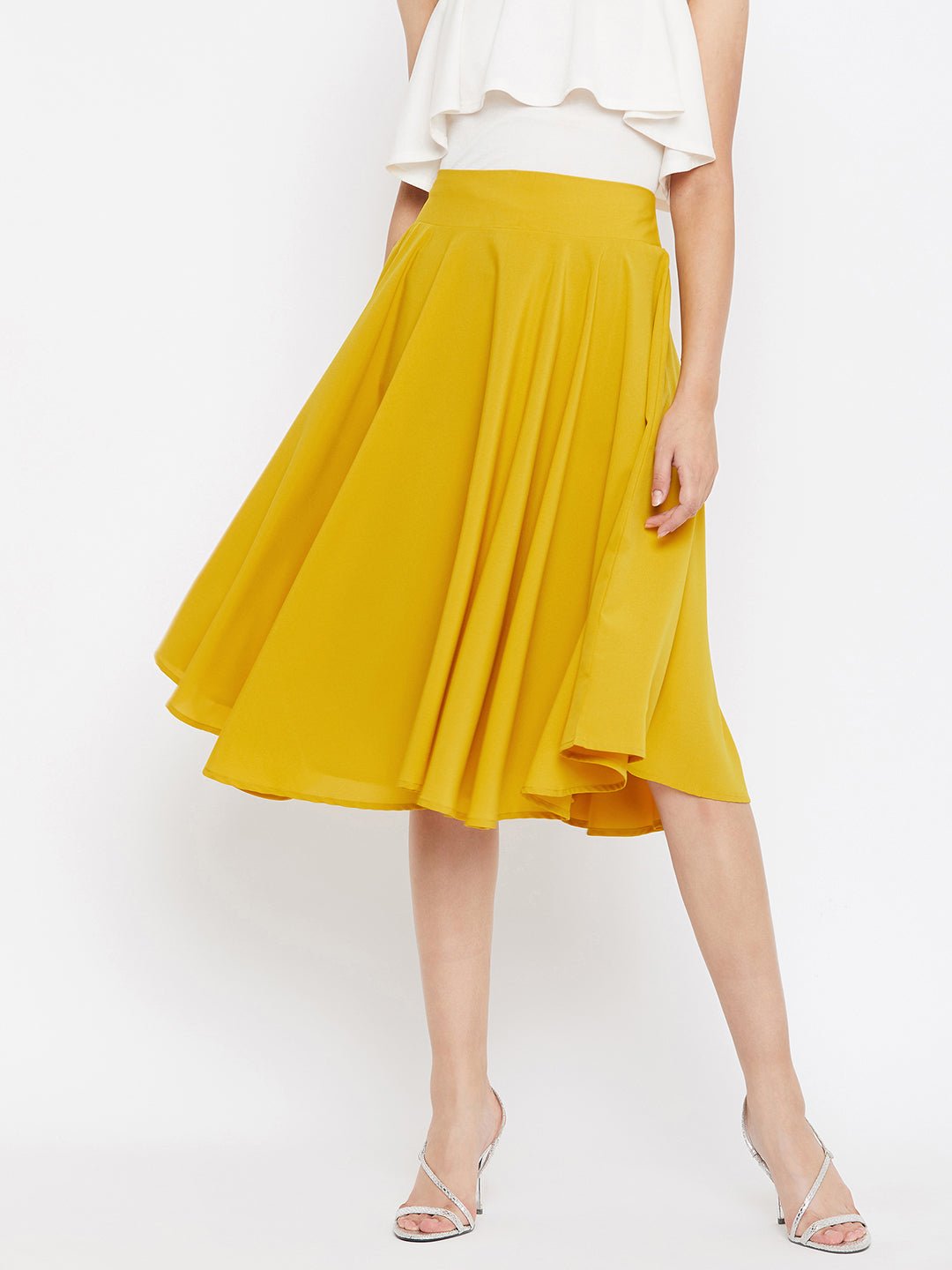 Folk Republic Women Solid Yellow High-Rise Flared Midi Skirt - #folk republic#