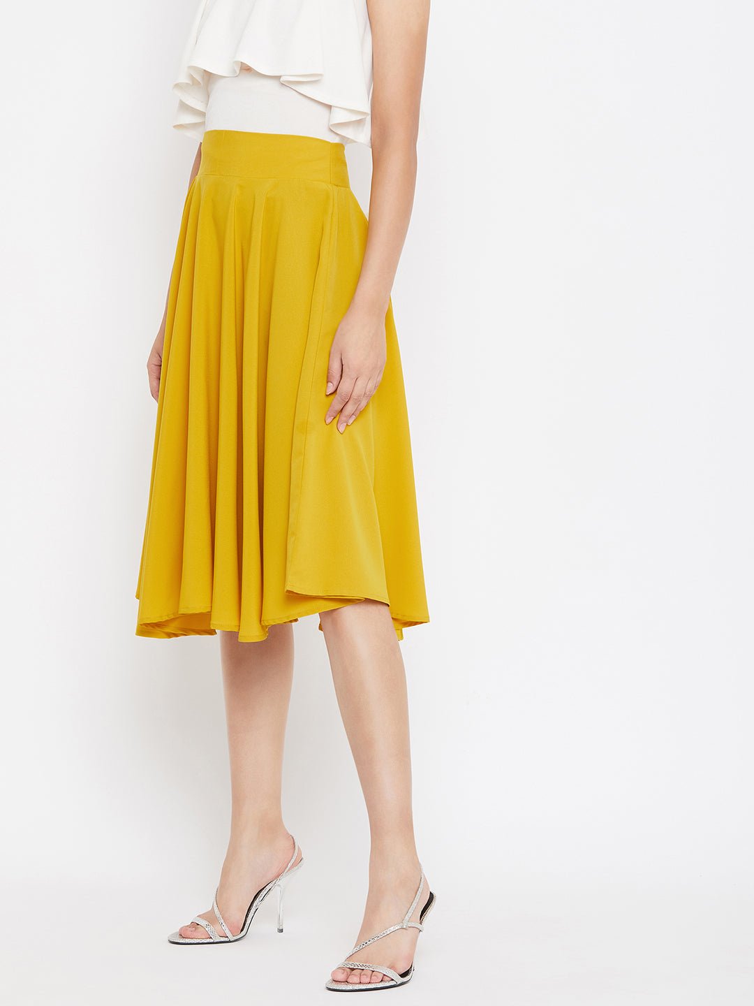 Folk Republic Women Solid Yellow High-Rise Flared Midi Skirt - #folk republic#