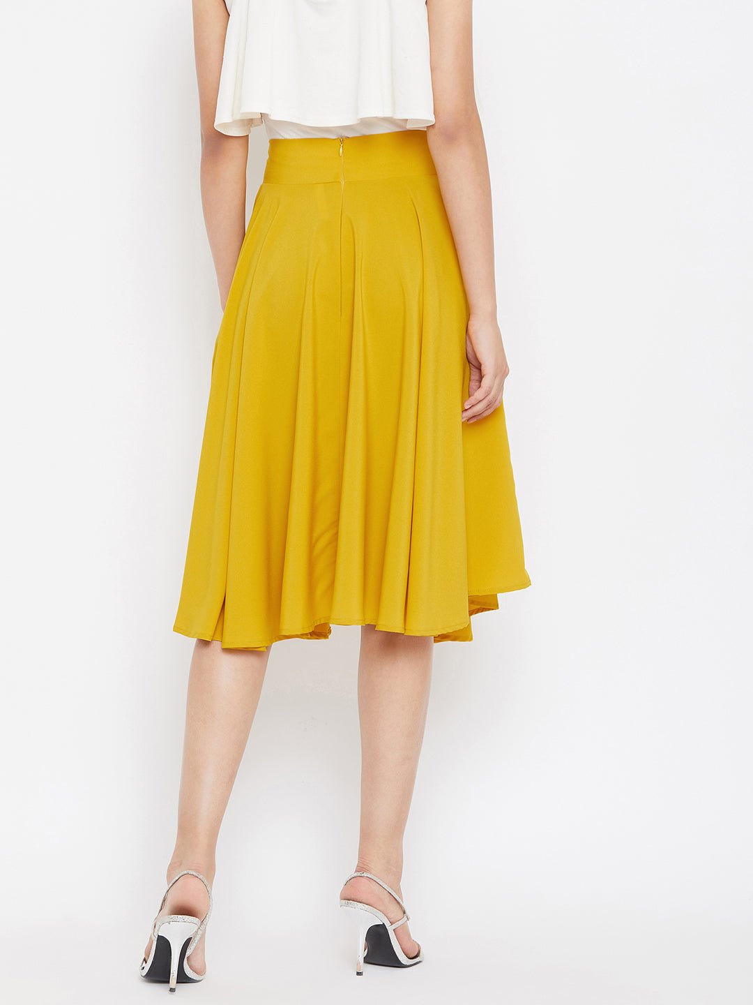 Folk Republic Women Solid Yellow High-Rise Flared Midi Skirt - #folk republic#