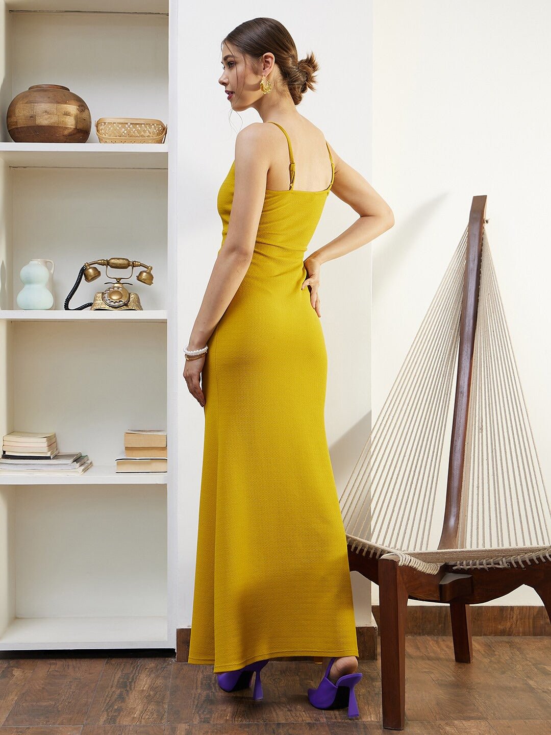 Folk Republic Women Solid Yellow Notched Round Neck Sleeveless Thigh-High Slit Straight Hem Knitted Maxi Dress - #folk republic#