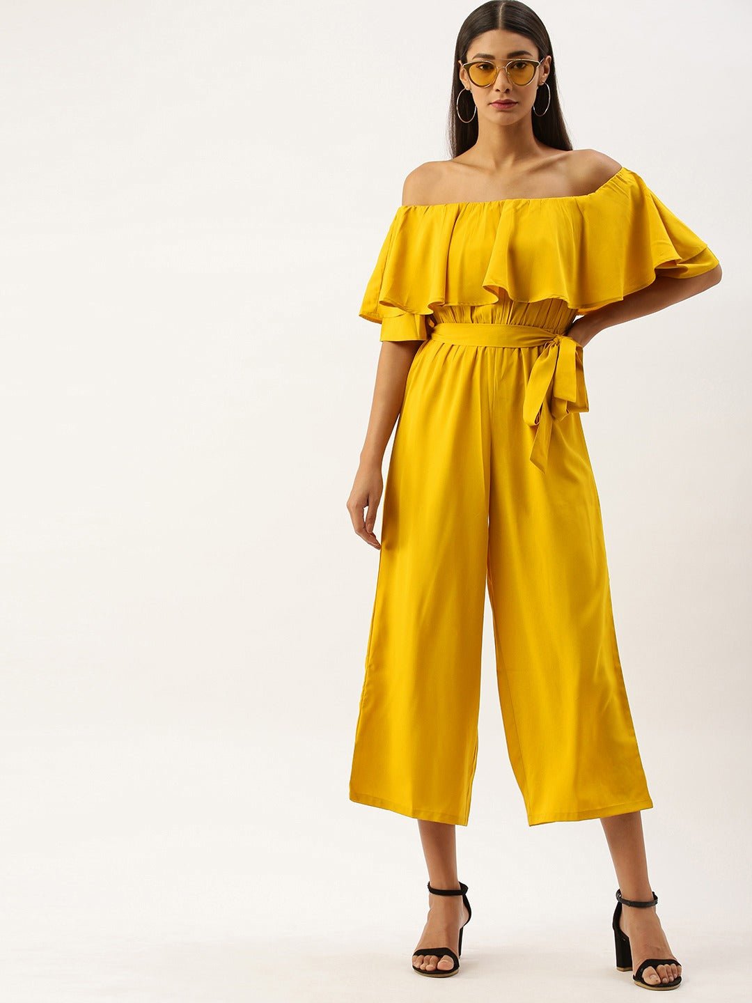 Folk Republic Women Solid Yellow Off Shoulder Culotte Jumpsuit - #folk republic#