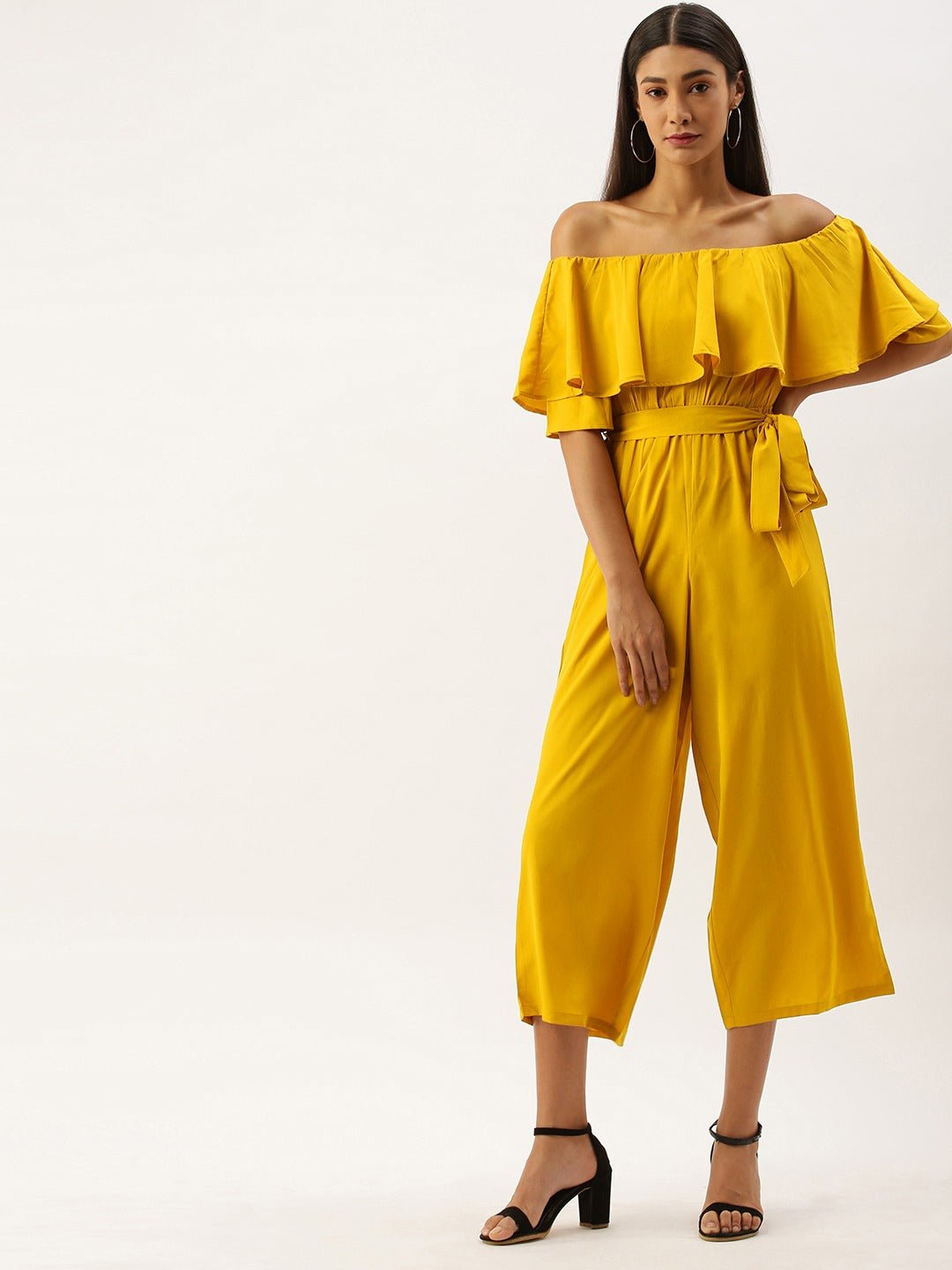 Folk Republic Women Solid Yellow Off Shoulder Culotte Jumpsuit - #folk republic#