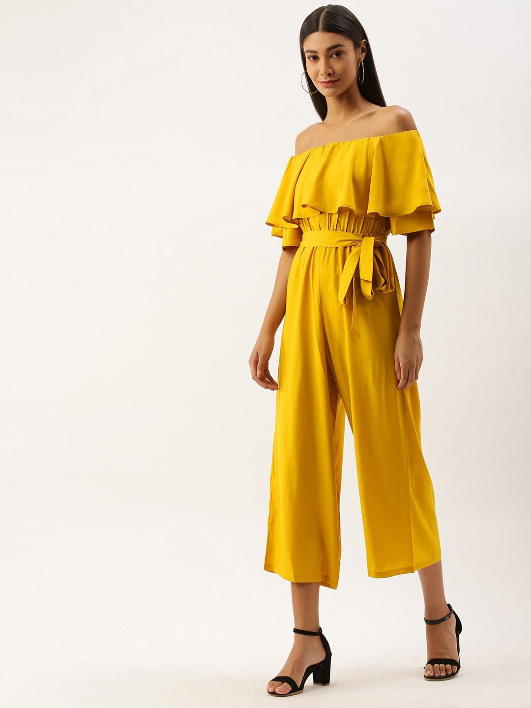 Folk Republic Women Solid Yellow Off Shoulder Culotte Jumpsuit - #folk republic#
