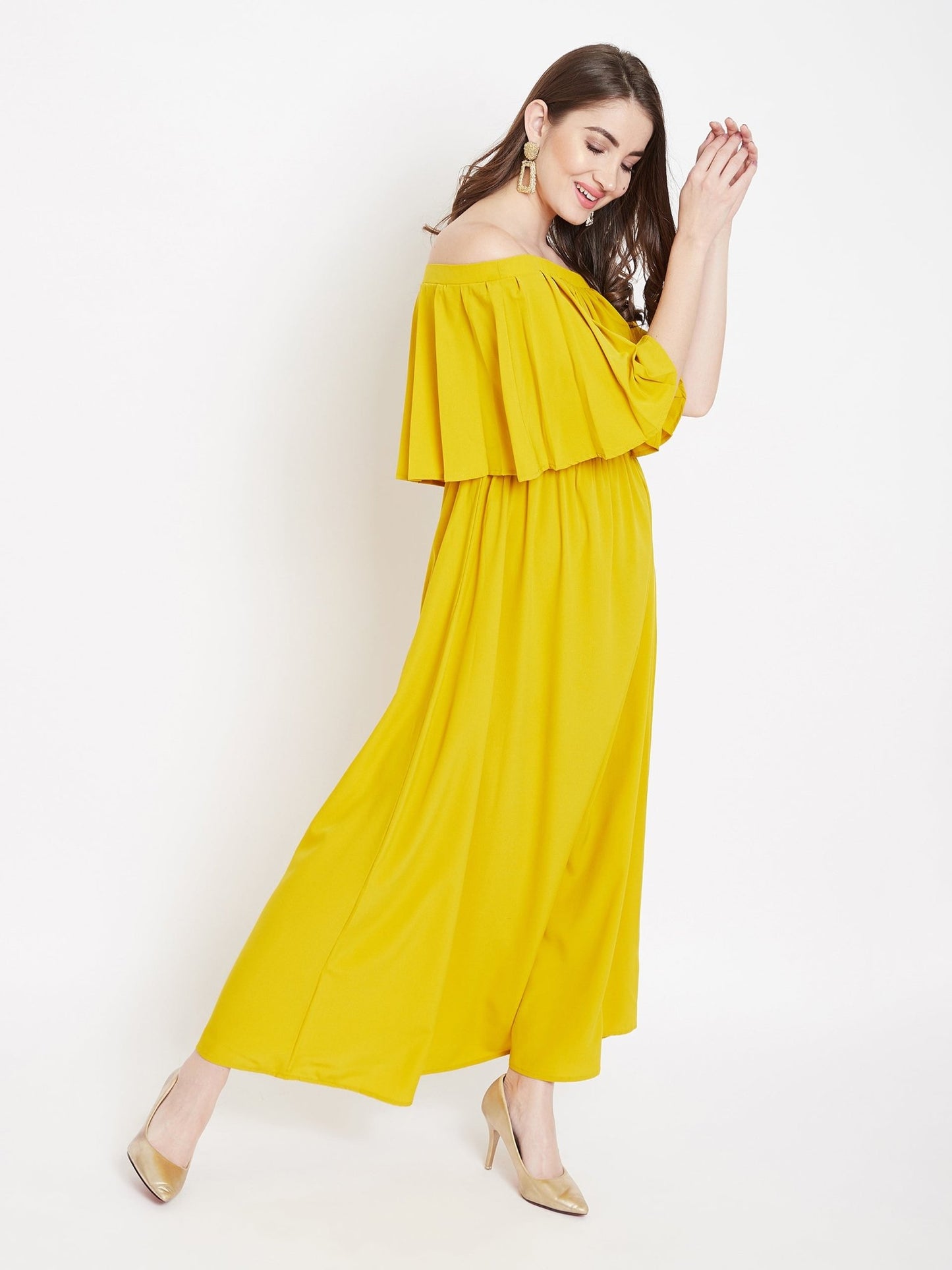 Folk Republic Women Solid Yellow Off-Shoulder Neck Three-Quarter Sleeve Flared Maxi Dress - #folk republic#