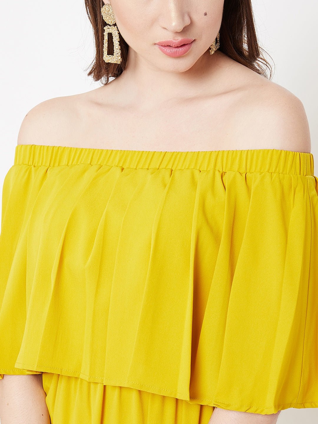 Folk Republic Women Solid Yellow Off-Shoulder Neck Three-Quarter Sleeve Flared Maxi Dress - #folk republic#