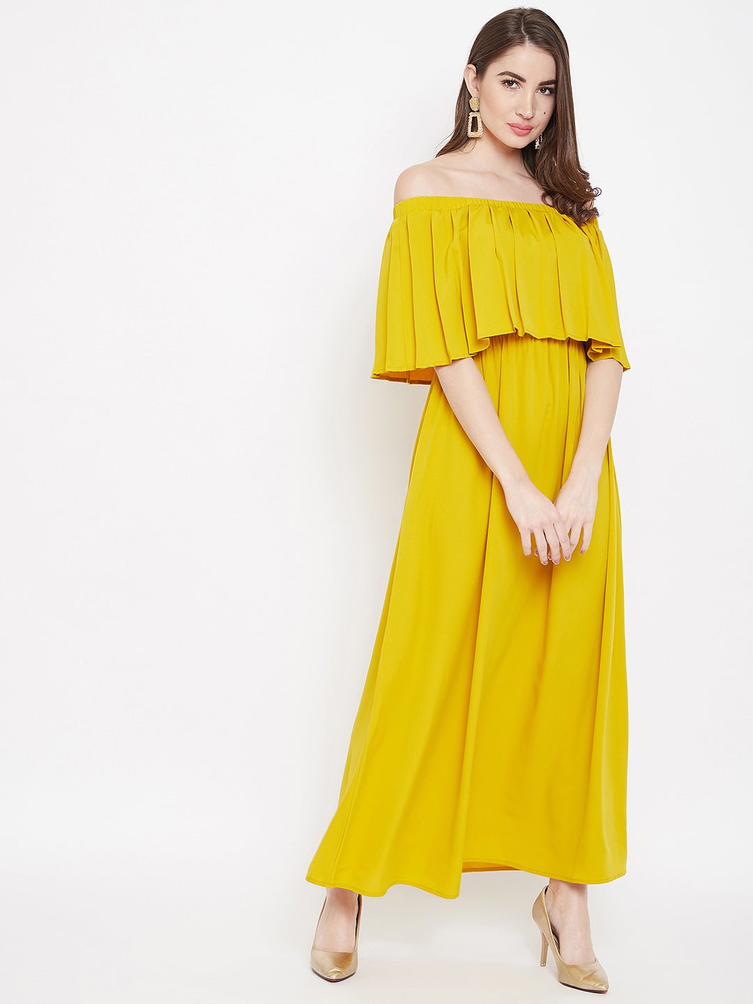 Folk Republic Women Solid Yellow Off-Shoulder Neck Three-Quarter Sleeve Flared Maxi Dress - #folk republic#