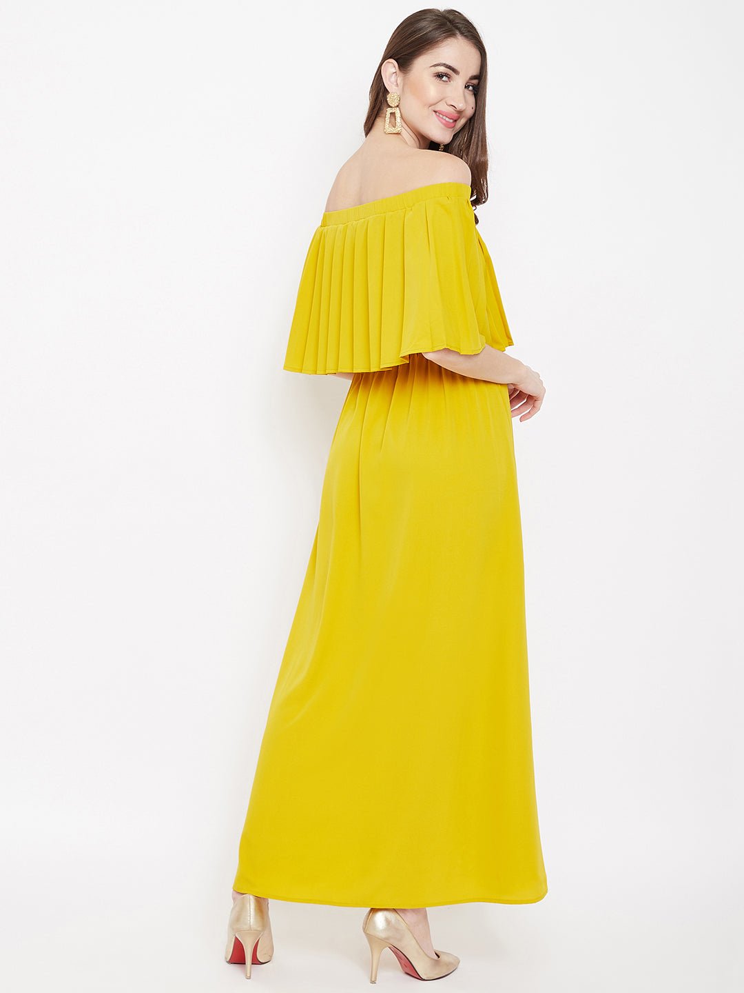 Folk Republic Women Solid Yellow Off-Shoulder Neck Three-Quarter Sleeve Flared Maxi Dress - #folk republic#