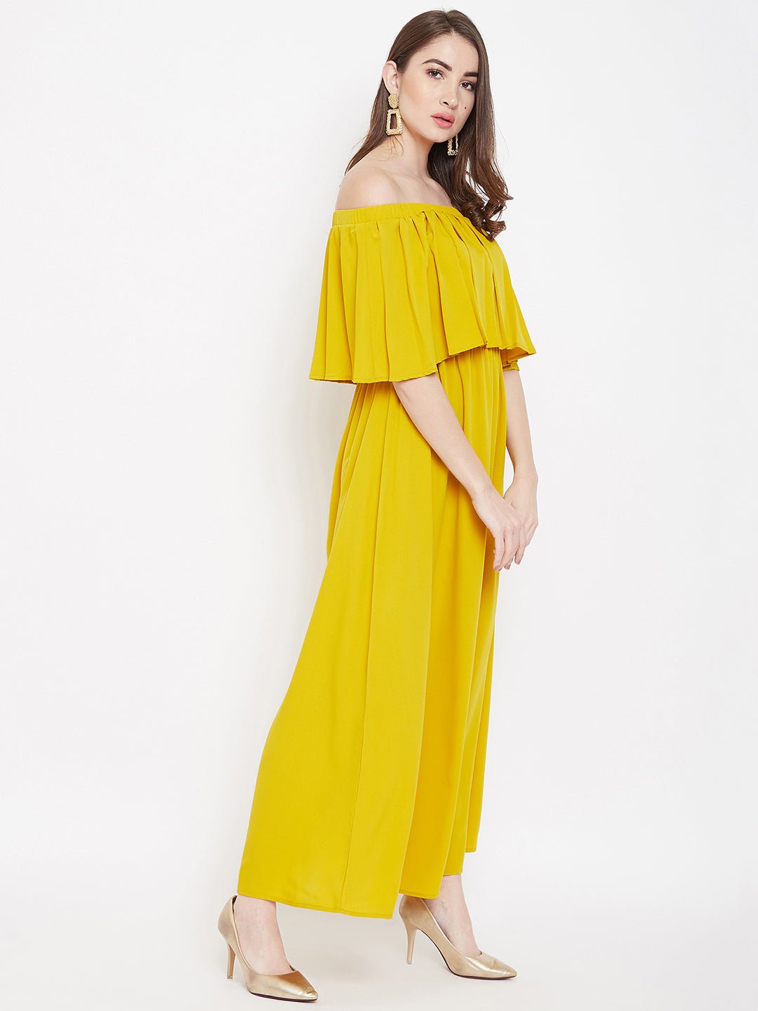 Folk Republic Women Solid Yellow Off-Shoulder Neck Three-Quarter Sleeve Flared Maxi Dress - #folk republic#