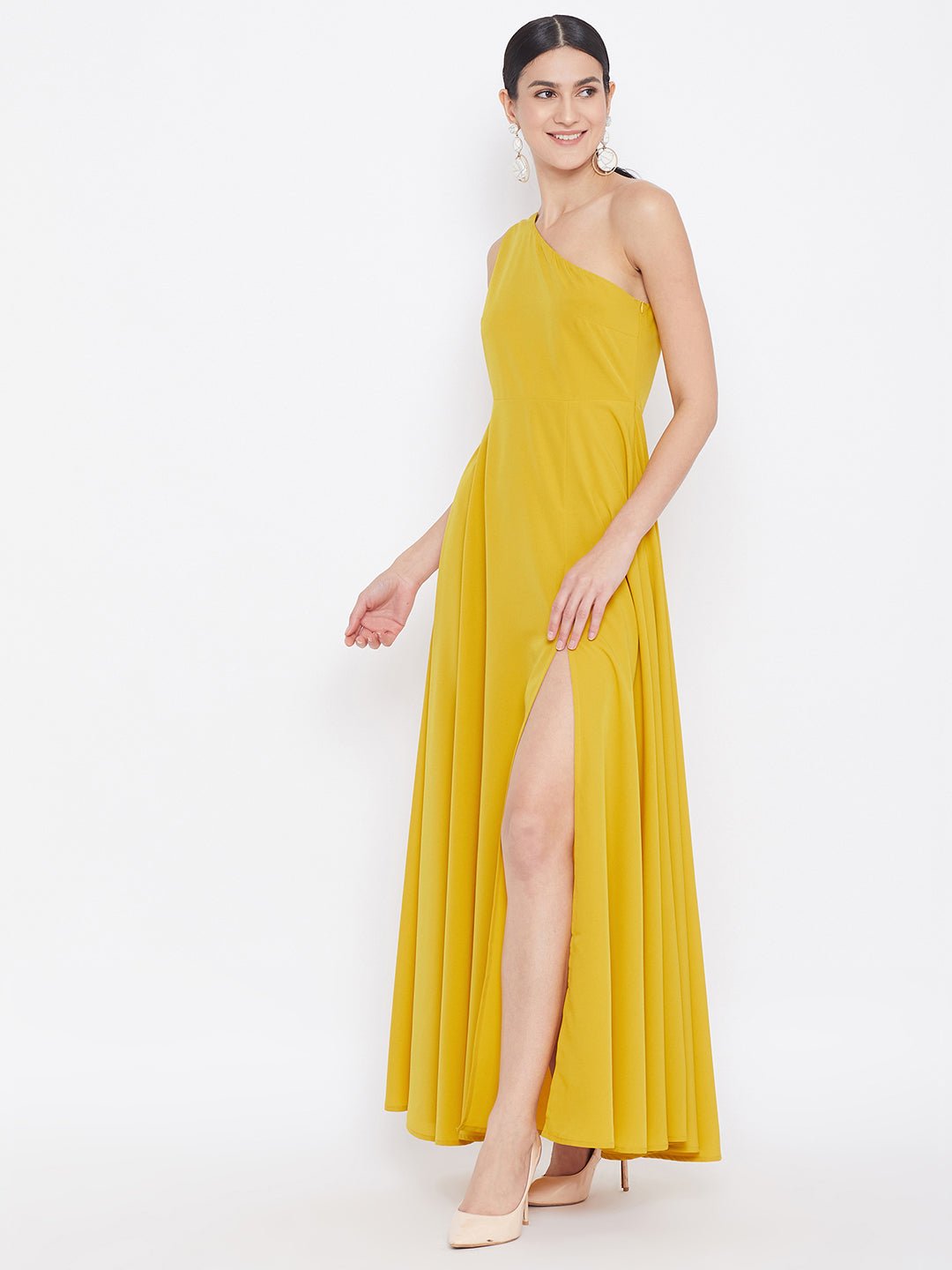 Folk Republic Women Solid Yellow One-Shoulder A-Line Maxi Dress - #folk republic#