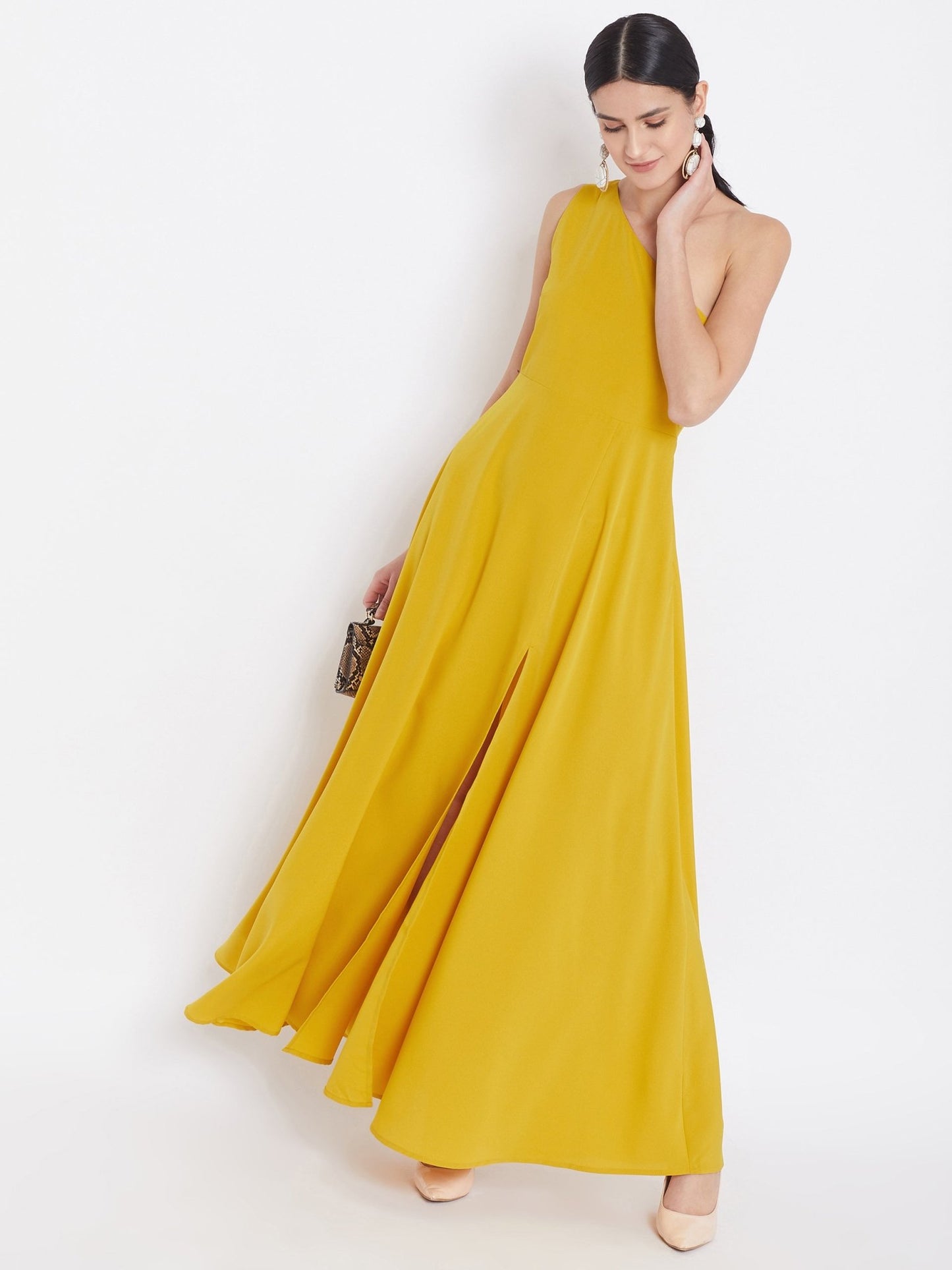 Folk Republic Women Solid Yellow One-Shoulder A-Line Maxi Dress - #folk republic#